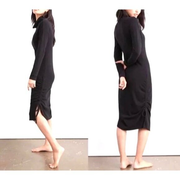 Anthropologie Saturday/Sunday Black Ribbed Long-Sleeve Dress With Drawstring XS - Picture 1 of 11